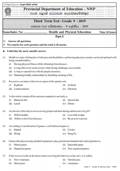 Grade 09 Health 3rd Term Test Paper 2019 English Medium – North Western Province