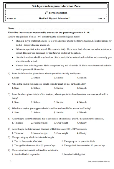 Grade 10 Health 2nd Term Test Paper English Medium – Jayawardanapura Education Zone