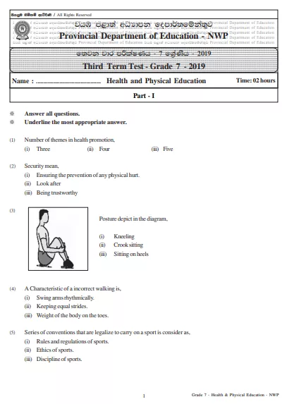 Grade 07 Health 3rd Term Test Paper 2019 English Medium – North Western Province