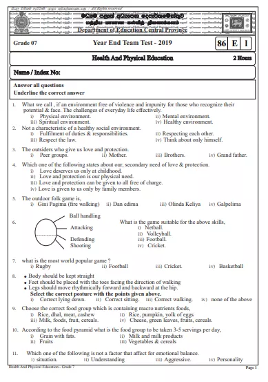 Grade 07 Health 3rd Term Test Paper 2019 English Medium – Central Province