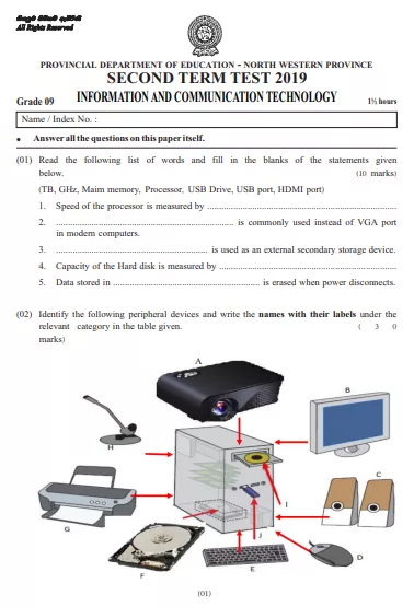 Grade 09 Health ICT Term Test Paper 2019 English Medium – North Western Province