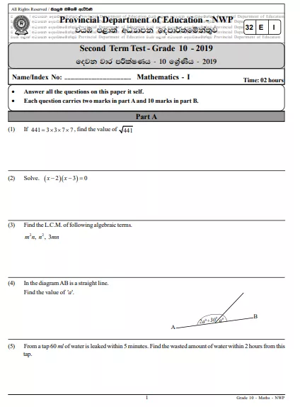 Grade 10 Mathematics 2nd Term Test Paper 2019 English Medium – North Western Province