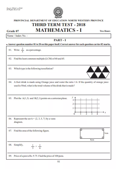 Grade 07 Mathematics 3rd Term Test Paper 2018 English Medium – North Western Province