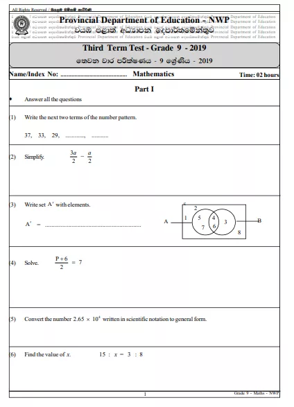 Grade 09 Mathematics 3rd Term Test Paper 2019 English Medium – North Western Province