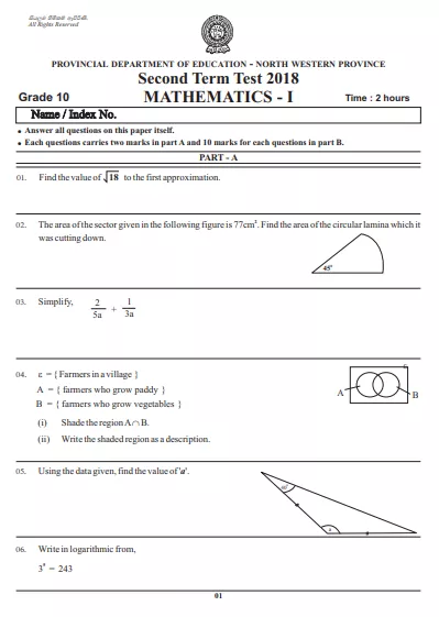Grade 10 Mathematics 2nd Term Test Paper 2018 English Medium – North Western Province