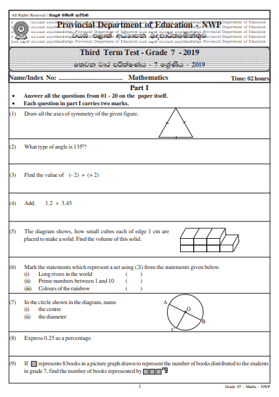 Grade 07 Mathematics 3rd Term Test Paper 2019 English Medium – North Western Province