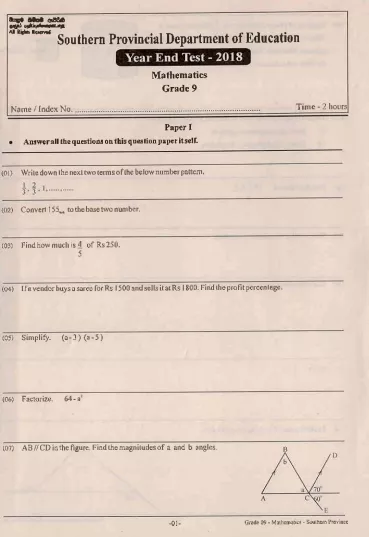 Grade 09 Mathematics 3rd Term Test Paper 2018 English Medium – Southern Province
