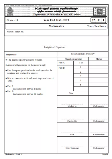 Grade 10 Mathematics 3rd Term Test Paper 2019 English Medium – Central Province