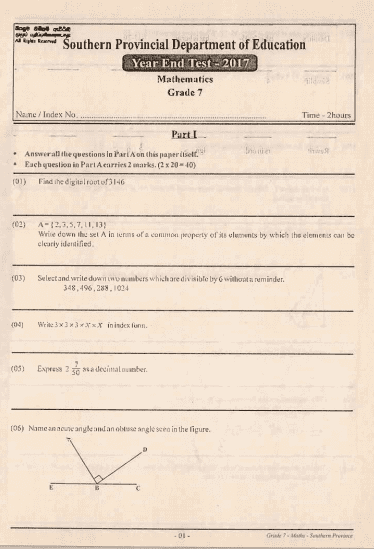 Grade 07 Mathematics 3rd Term Test Paper 2017 English Medium – Southern Province