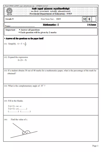 Grade 09 Mathematics 1st Term Test Paper 2019 English Medium – North Western Province