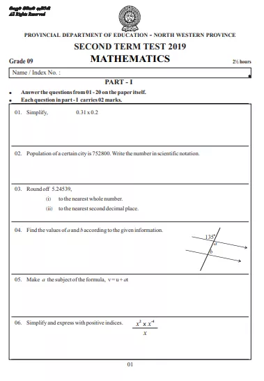 Grade 09 Mathematics 2nd Term Test Paper 2019 English Medium – North Western Province