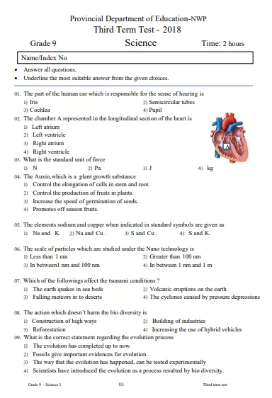 Grade 09 Science 3rd Term Test Paper 2018 English Medium – North Western Province