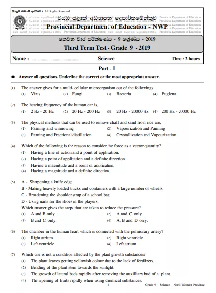 Grade 09 Science 3rd Term Test Paper 2019 English Medium – North Western Province