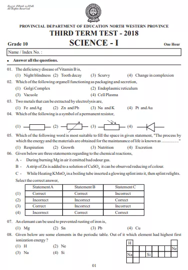 Grade 10 Science 3rd Term Test Paper 2018 English Medium – North Western Province