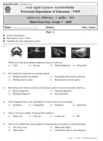 Grade 07 Science 3rd Term Test Paper 2019 English Medium – North Western Province