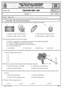 Grade 09 Science 3rd Term Test Paper 2019 English Medium - Central Province