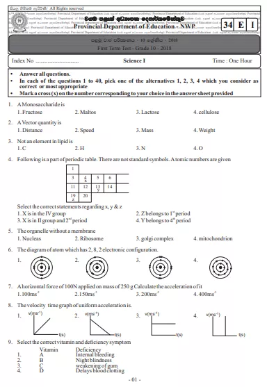 Grade 10 Science 1st Term Test Paper 2018 English Medium – North Western Province