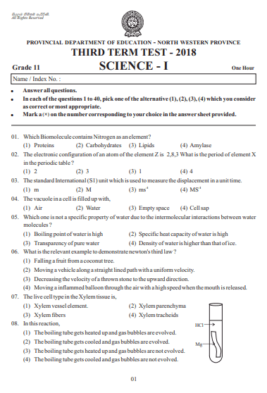 Grade 11 Science 3rd Term Test Paper 2018 English Medium – North Western Province
