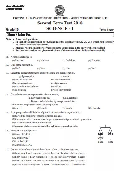 Grade 10 Science 2nd Term Test Paper 2018 English Medium – North Western Province