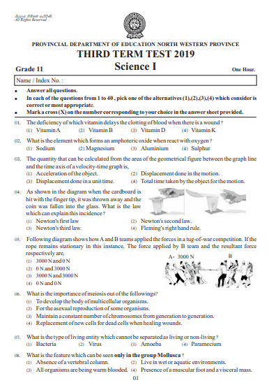 Grade 11 Science 3rd Term Test Paper 2019 English Medium – North Western Province