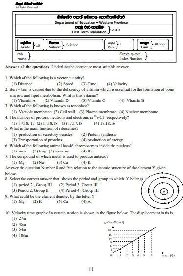 Grade 10 Science 1st Term Test Paper 2019 English Medium – Western Province