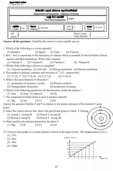Grade 10 Science 1st Term Test Paper 2019 English Medium – Western Province