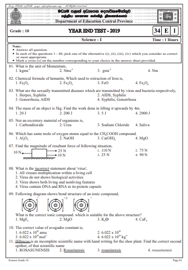 science grade 10 3rd term papers 2019