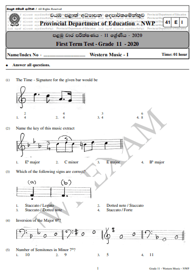 Grade 11 Western Music 1st Term Test Paper 2020 English Medium – North Western Province