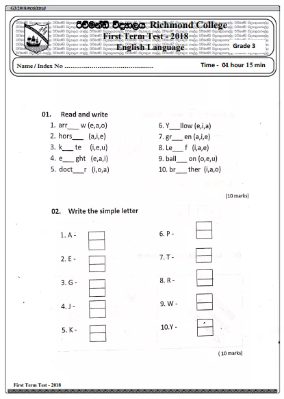 Grade 03 English 1st Term Test Paper 2018 English Medium – Richmond College
