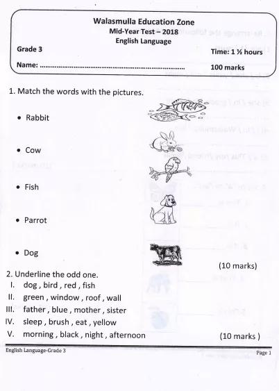 Grade 03 English 2nd Term Test Paper 2018 English Medium – Walasmulla Zone