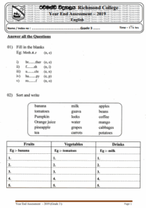 Grade 03 English 3rd Term Test Paper 2019 English Medium - Richmond College