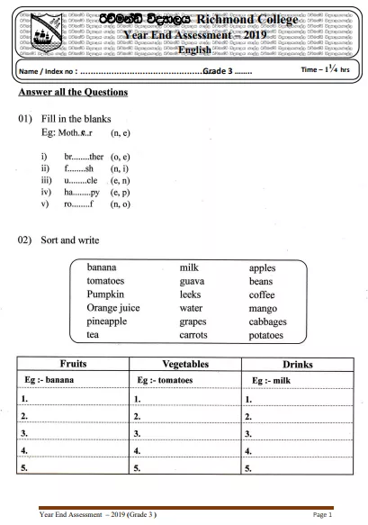 Grade 03 English 3rd Term Test Paper 2019 English Medium – Richmond College