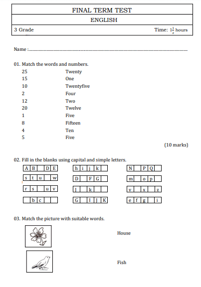 Grade 03 English 3Rd Term Test Model Paper - English Medium