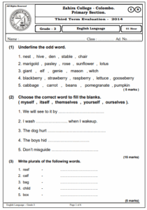 Grade 03 English 3rd Term Test Paper 2014 English Medium - Zahira College
