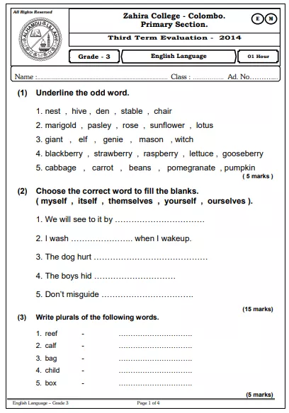 Grade 03 English 3rd Term Test Paper 2014 English Medium – Zahira College