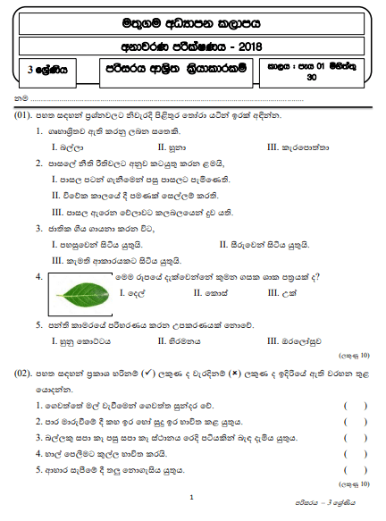 Grade 03 Environment 2018 Model Paper – Sinhala Medium