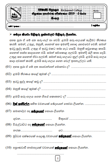 Grade 03 Sinhala 3rd Term Test Paper 2019 Sinhala Medium – Richmond College
