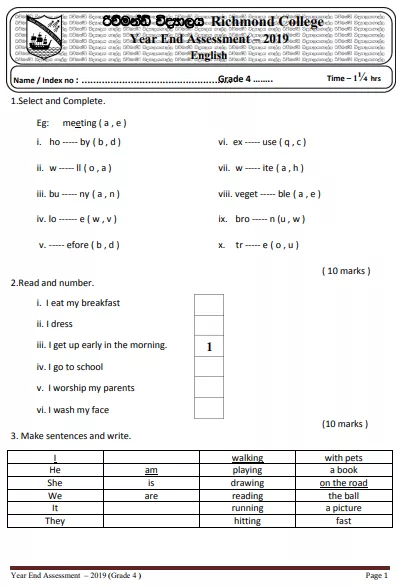 Grade 04 English 3rd Term Test Paper 2019 English Medium – Richmond College