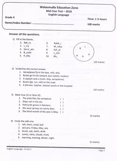 Grade 04 English 2nd Term Test Paper 2018 English Medium – Walasmulla Zone