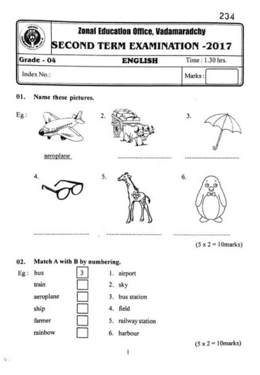 Grade 04 English 2nd Term Test Paper 2017 English Medium ...