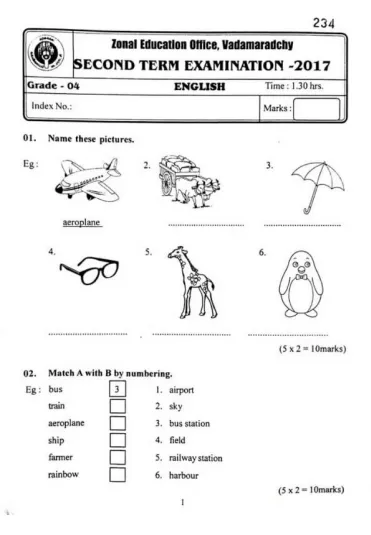 Grade 04 English 2nd Term Test Paper 2017 English Medium – Vadamaradchay Zone