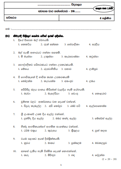 Grade 04 Environment 3rd Term Test Model Paper – Sinhala Medium