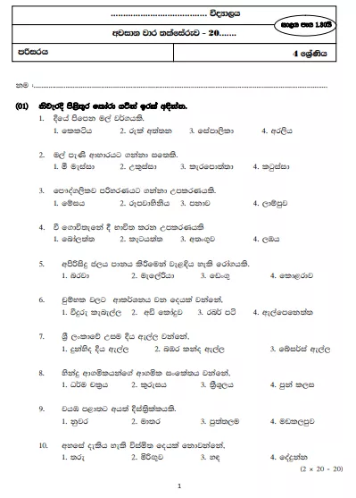 Grade 04 Environment 3rd Term Test Model Paper – Sinhala Medium