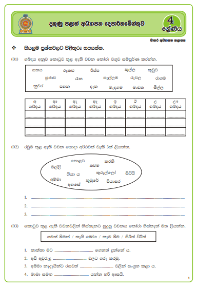 Grade 04 Sinhala Model Paper Sinhala Medium – Southern Province