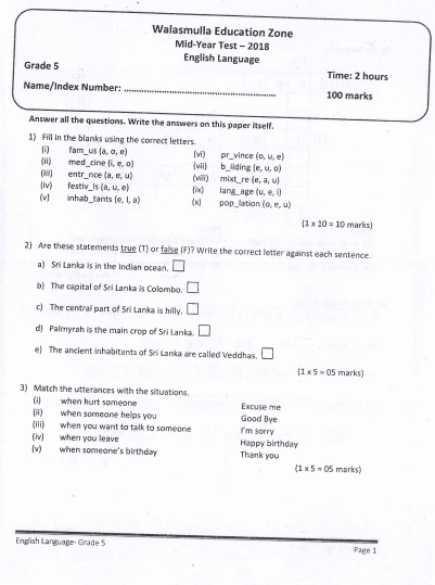 grade 05 english language past papers wiki