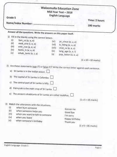 Grade 05 English 2nd Term Test Paper 2018 English Medium – Walasmulla Zone