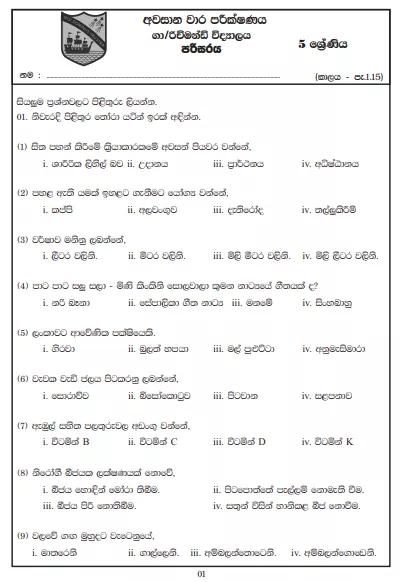 Grade 05 Environment 3rd Term Test Paper 2019 Sinhala Medium – Richmond College