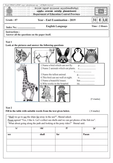 Grade 07 English 3rd Term Test Paper 2019 English Medium – Central Province