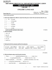 Grade 07 English 2nd Term Test Paper 2019 English Medium - Southern ...