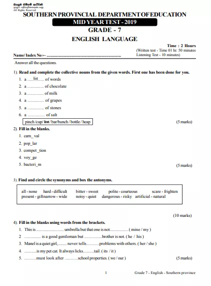 Grade 07 English 2nd Term Test Paper 2019 English Medium – Southern Province